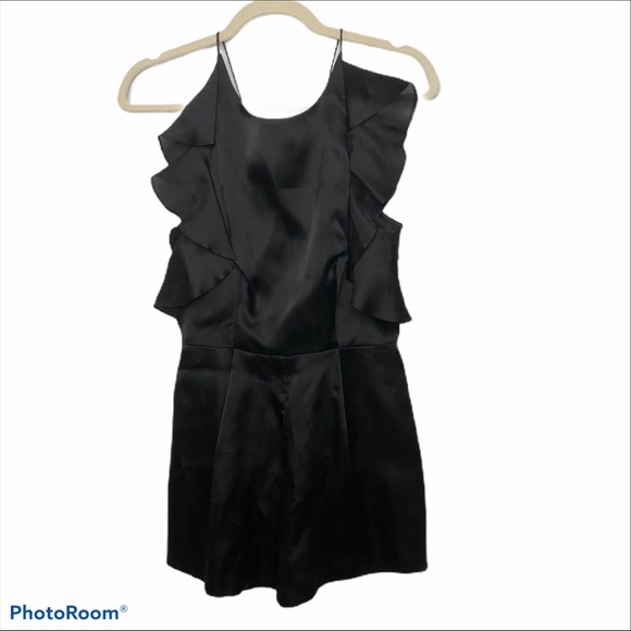 Keepsake Falling For You Silk Ruffle Trim Sides Pleated Short Romper Black Small - Picture 6 of 16